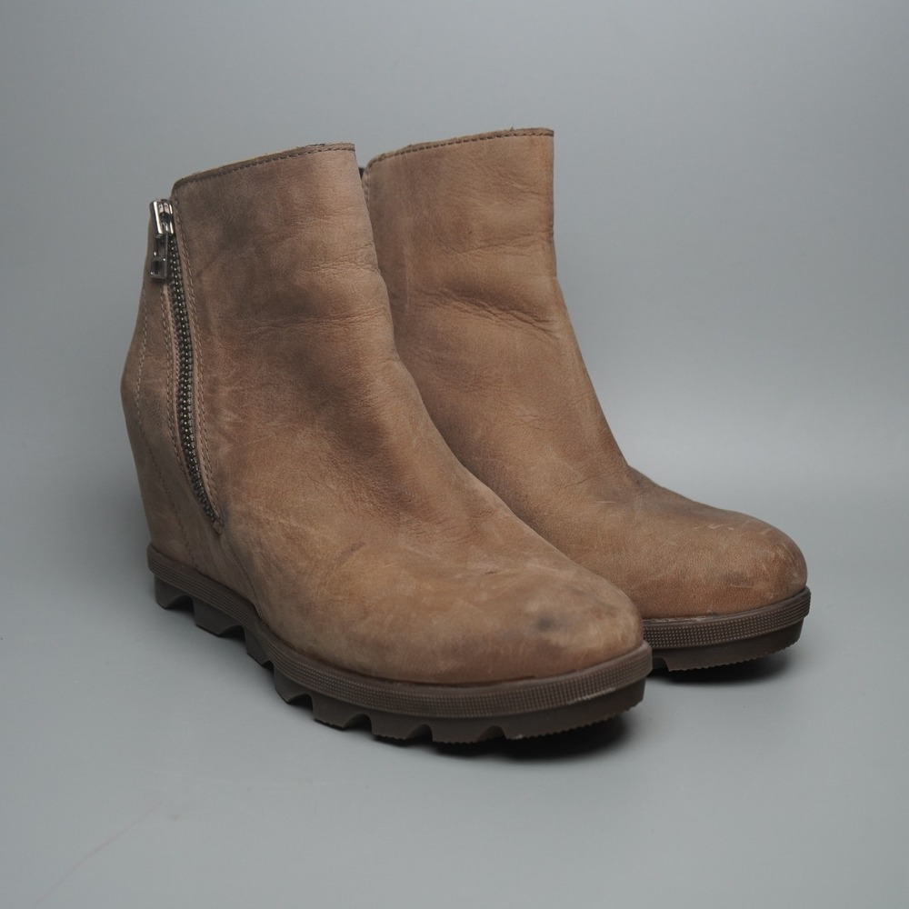 Sorel Joan of Arctic Wedge II Ankle Boots Brown Leather Womens 8.5 Zip Up